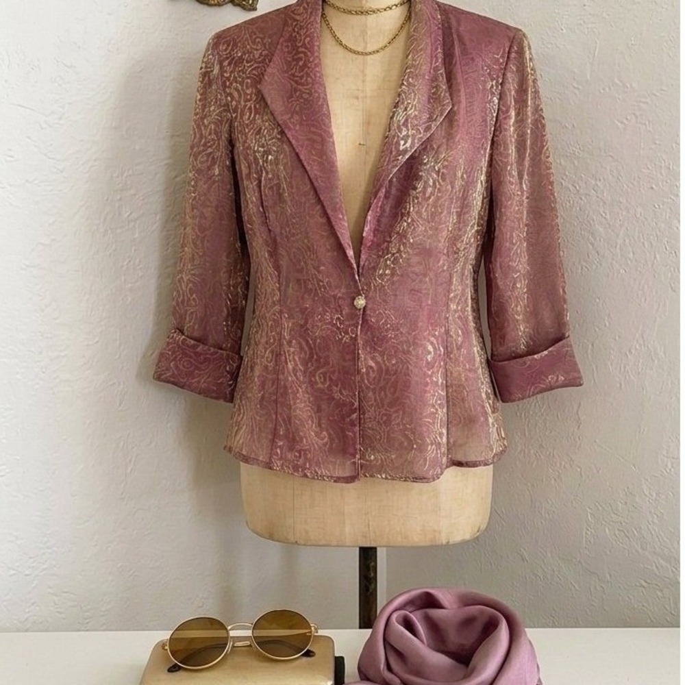 Vintage Alex Evenings Mauve & Gold Metallic Retro Evening Blazer Jacket Size 16